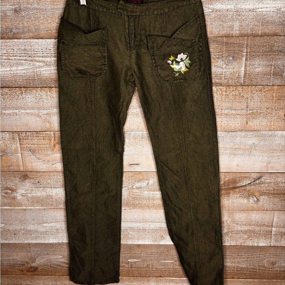 Custo Barcelona Olive Green womens Casual Pants with Embroidered Pocket